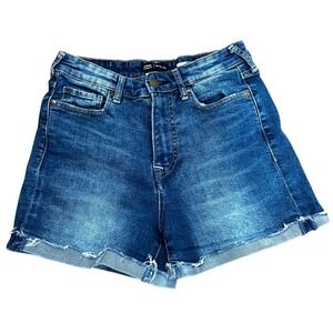 True Religion Jennie Curvy High Rise Denim Shorts Blue Cuffed Raw Hem Size 28